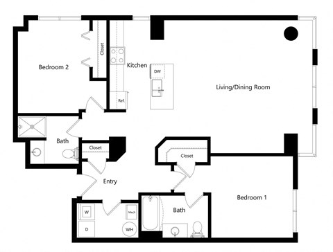 the two-bedroom Seattle floor plan at Midtown Crossing Apartments in Omaha, NE